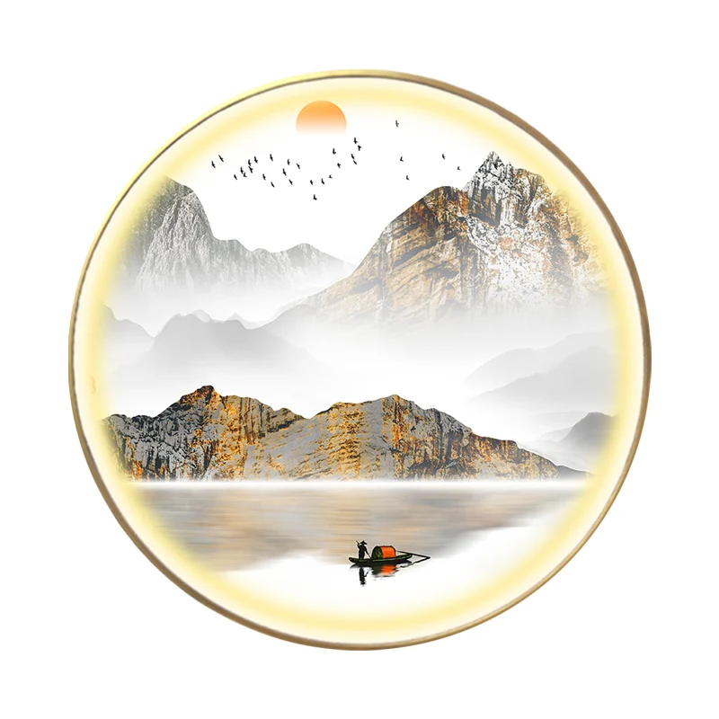 Goudkleurige ronde wandmontagelamp Oosterse LED-metallic muurmuurlamp met berg- en zonpatroon Clearhalo