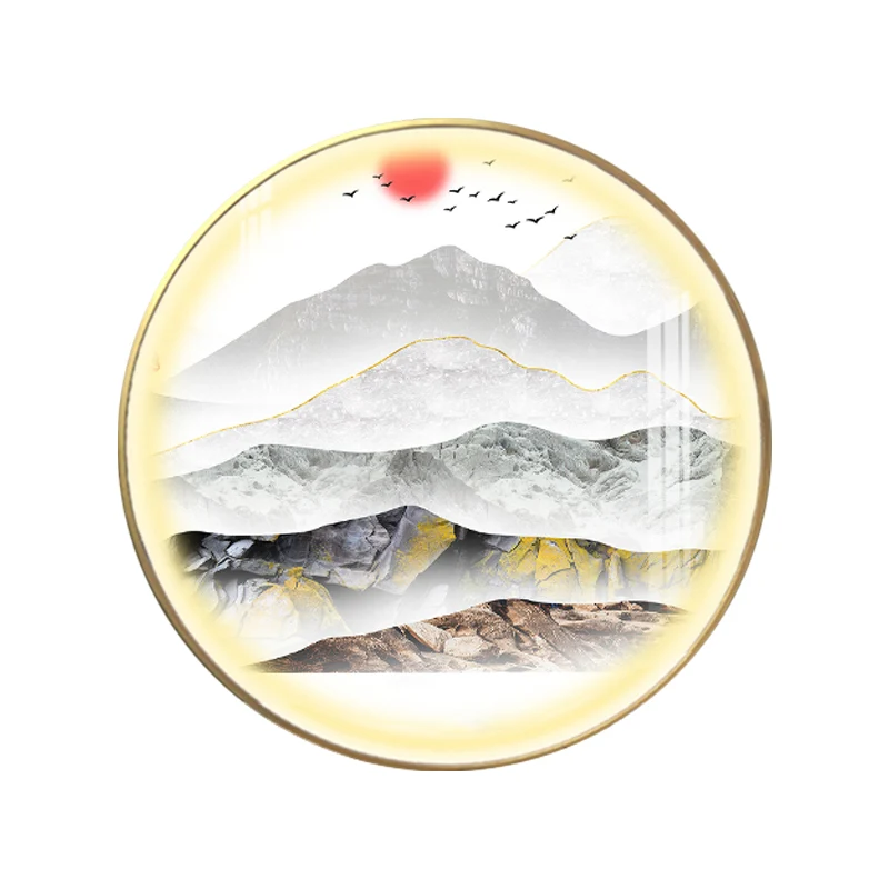 Goudkleurige ronde wandmontagelamp Oosterse LED-metallic muurmuurlamp met berg- en zonpatroon Clearhalo