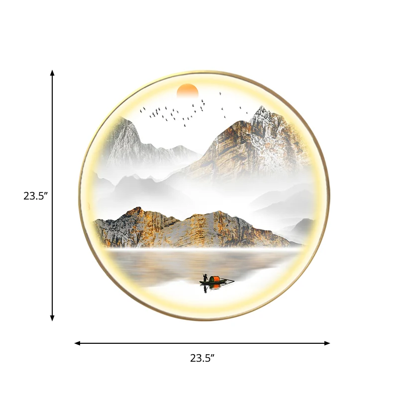 Goudkleurige ronde wandmontagelamp Oosterse LED-metallic muurmuurlamp met berg- en zonpatroon Clearhalo