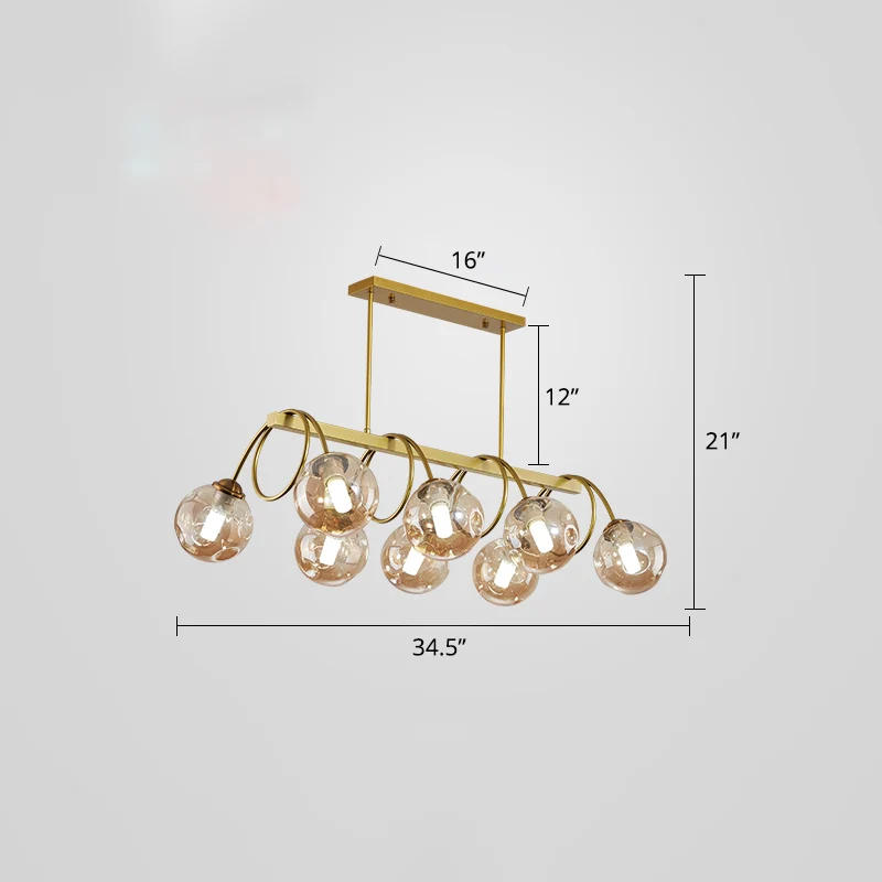 Goudkleurige spiraalvormige eilandlamp, postmoderne metalen plafondhanglamp met bolvormige glazen kap Clearhalo