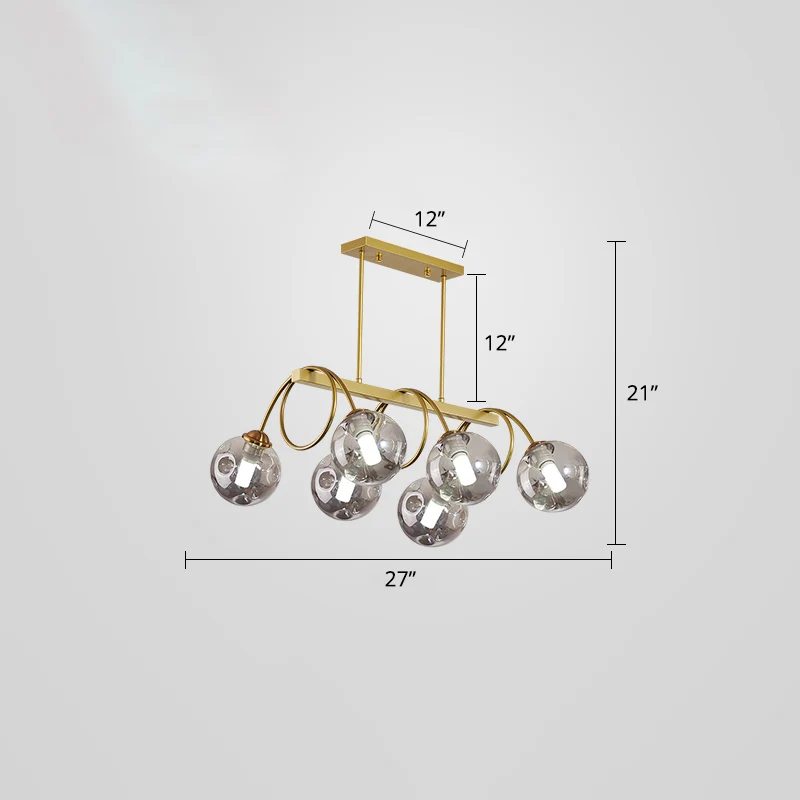 Goudkleurige spiraalvormige eilandlamp, postmoderne metalen plafondhanglamp met bolvormige glazen kap Clearhalo