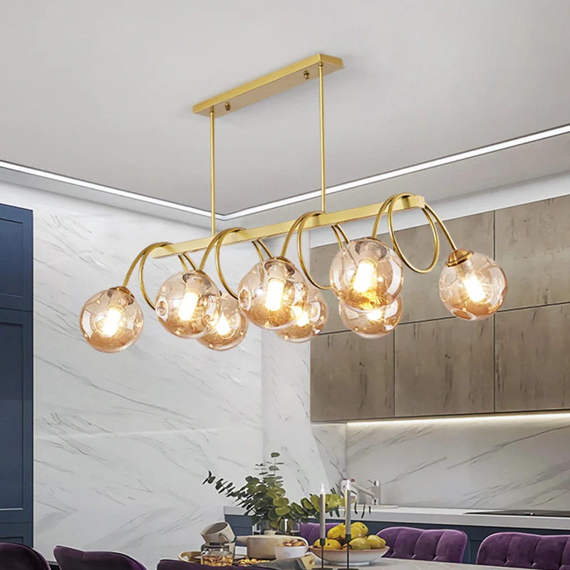 Goudkleurige spiraalvormige eilandlamp, postmoderne metalen plafondhanglamp met bolvormige glazen kap Clearhalo