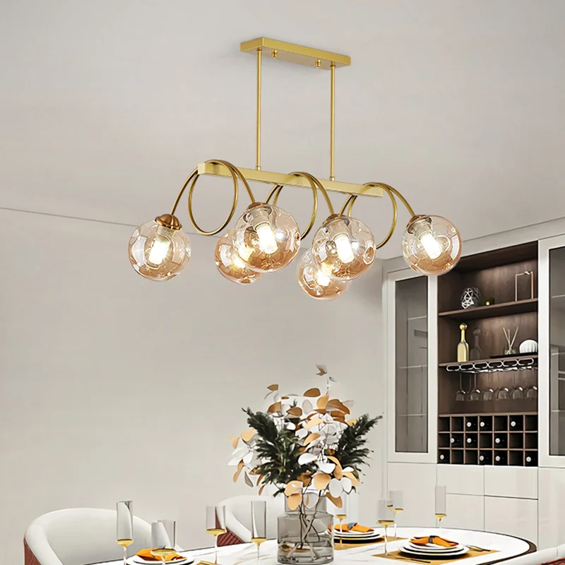 Goudkleurige spiraalvormige eilandlamp, postmoderne metalen plafondhanglamp met bolvormige glazen kap Clearhalo