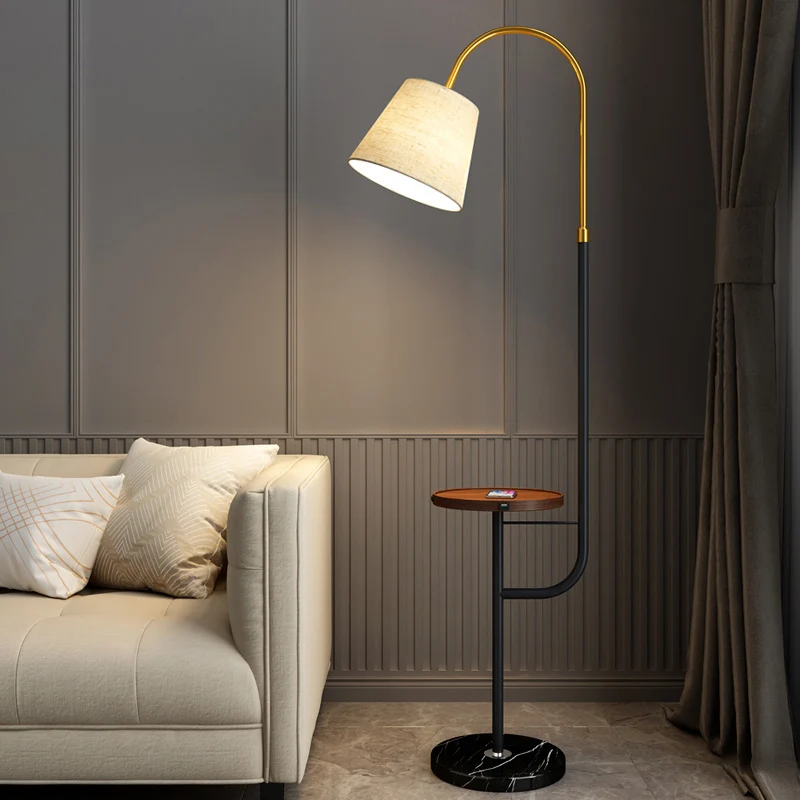 Goud-zwart kegelvormige gebogen vloerlamp Eenvoud Stof 1 lamp Woonkamer staande lamp met dienblad Clearhalo