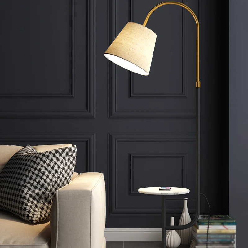 Goud-zwart kegelvormige gebogen vloerlamp Eenvoud Stof 1 lamp Woonkamer staande lamp met dienblad Clearhalo