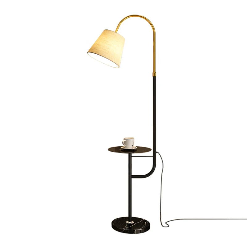 Goud-zwart kegelvormige gebogen vloerlamp Eenvoud Stof 1 lamp Woonkamer staande lamp met dienblad Clearhalo