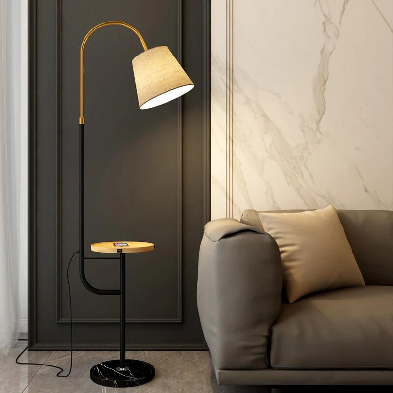 Goud-zwart kegelvormige gebogen vloerlamp Eenvoud Stof 1 lamp Woonkamer staande lamp met dienblad Clearhalo