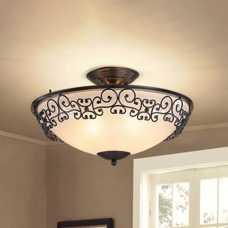 Goud/zwarte plafondverlichting met antieke opaalglas, 5 lampen, eetkamer, semi-inbouw met metalen frame Clearhalo
