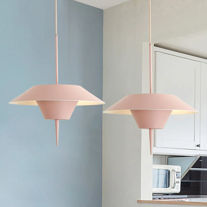 Grijs/wit/roze hangende plafondlamp met kegel, moderne 1-lichts metalen druppelhanger met omgekeerd conisch inzetstuk, 12"...