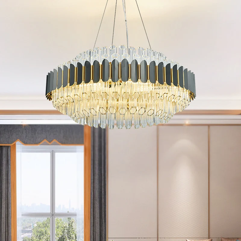 Grijze buisvormige kroonluchterlamp Moderne 12-lichts prismatische kristallen plafondhanglamp Clearhalo