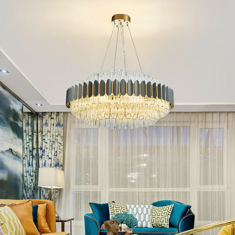 Grijze buisvormige kroonluchterlamp Moderne 12-lichts prismatische kristallen plafondhanglamp Clearhalo