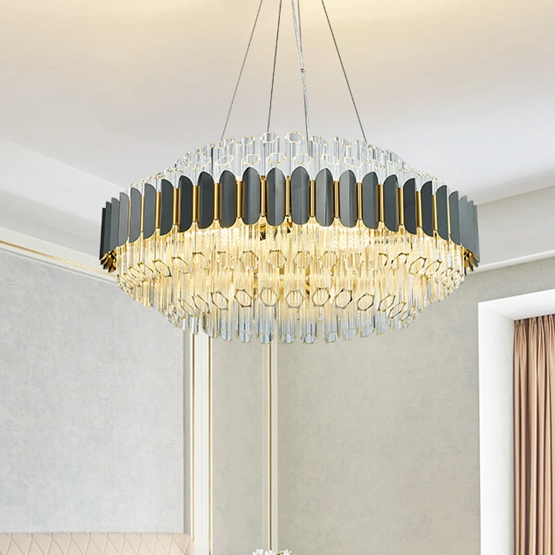 Grijze buisvormige kroonluchterlamp Moderne 12-lichts prismatische kristallen plafondhanglamp Clearhalo