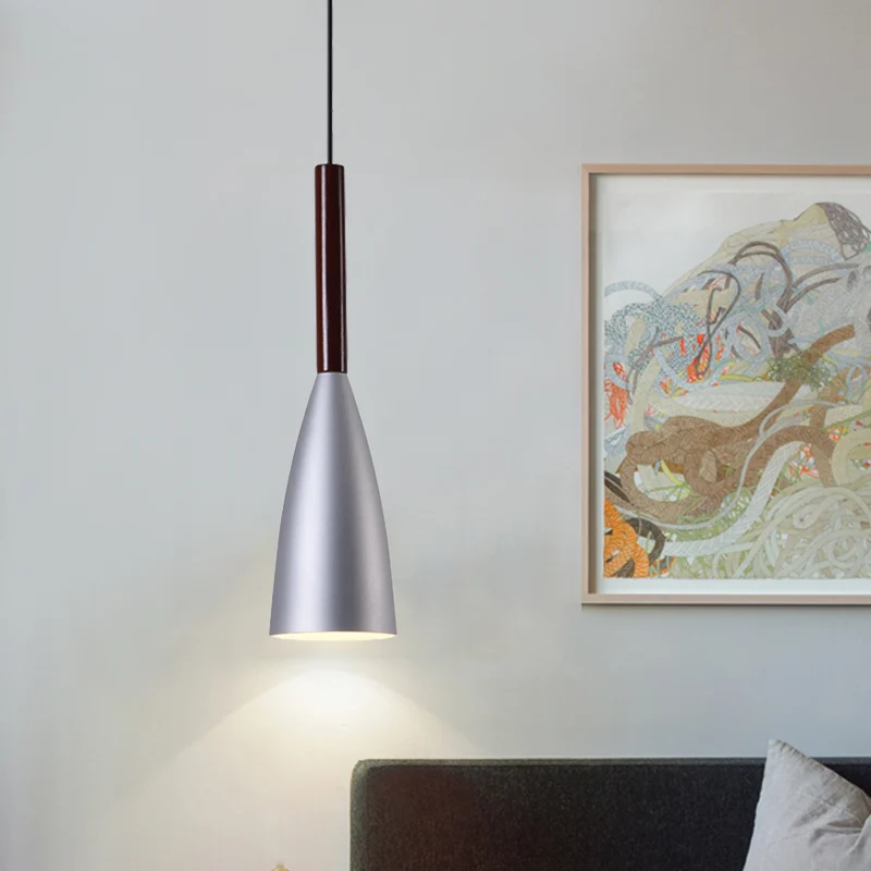 Grijze trompet-slingerlamp Nordic 1-kops aluminium plafondhanglamp voor nachtkastje Clearhalo