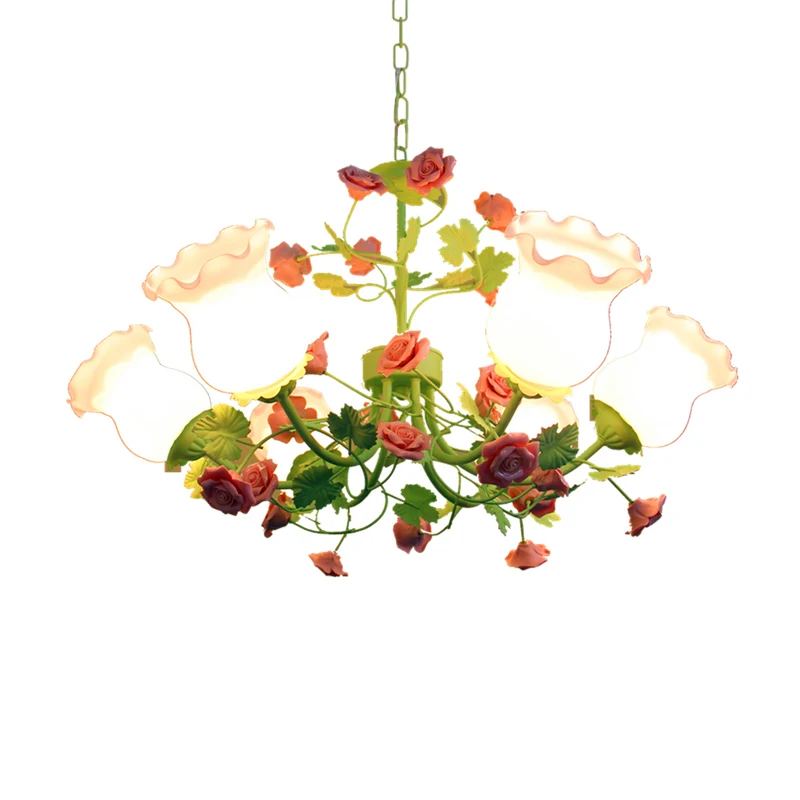 Groene bloem hangende kroonluchter pastorale stijl matglas 6 lampen slaapkamer plafond hanglamp Clearhalo