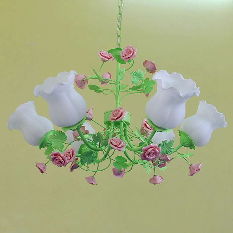 Groene bloem hangende kroonluchter pastorale stijl matglas 6 lampen slaapkamer plafond hanglamp Clearhalo