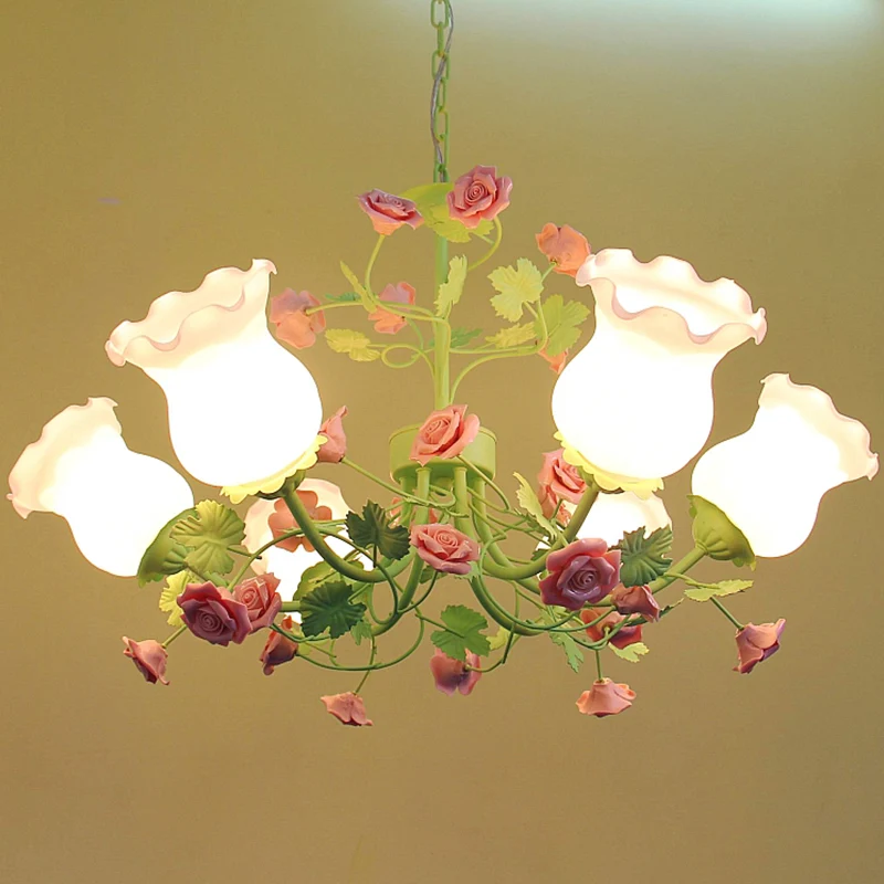 Groene bloem hangende kroonluchter pastorale stijl matglas 6 lampen slaapkamer plafond hanglamp Clearhalo