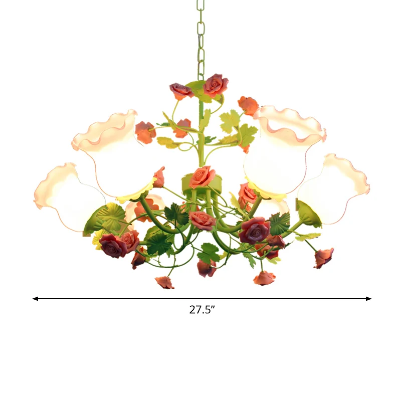 Groene bloem hangende kroonluchter pastorale stijl matglas 6 lampen slaapkamer plafond hanglamp Clearhalo