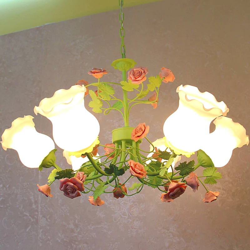 Groene bloem hangende kroonluchter pastorale stijl matglas 6 lampen slaapkamer plafond hanglamp Clearhalo