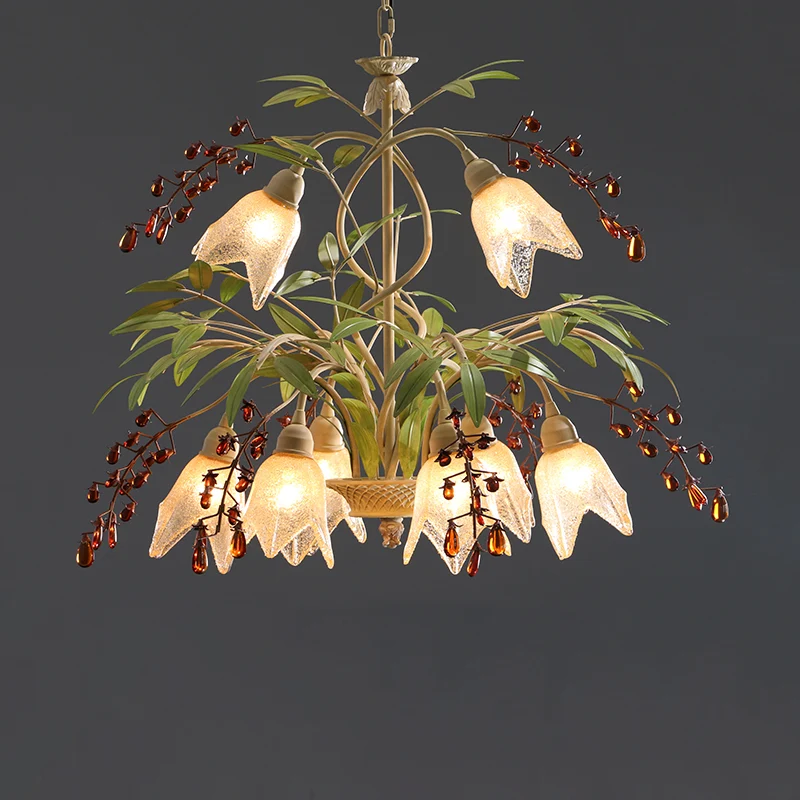 Groene bloemkroonluchterverlichting Pastorale vorstglazen woonkamerhanglamp met decoratief kristal Clearhalo