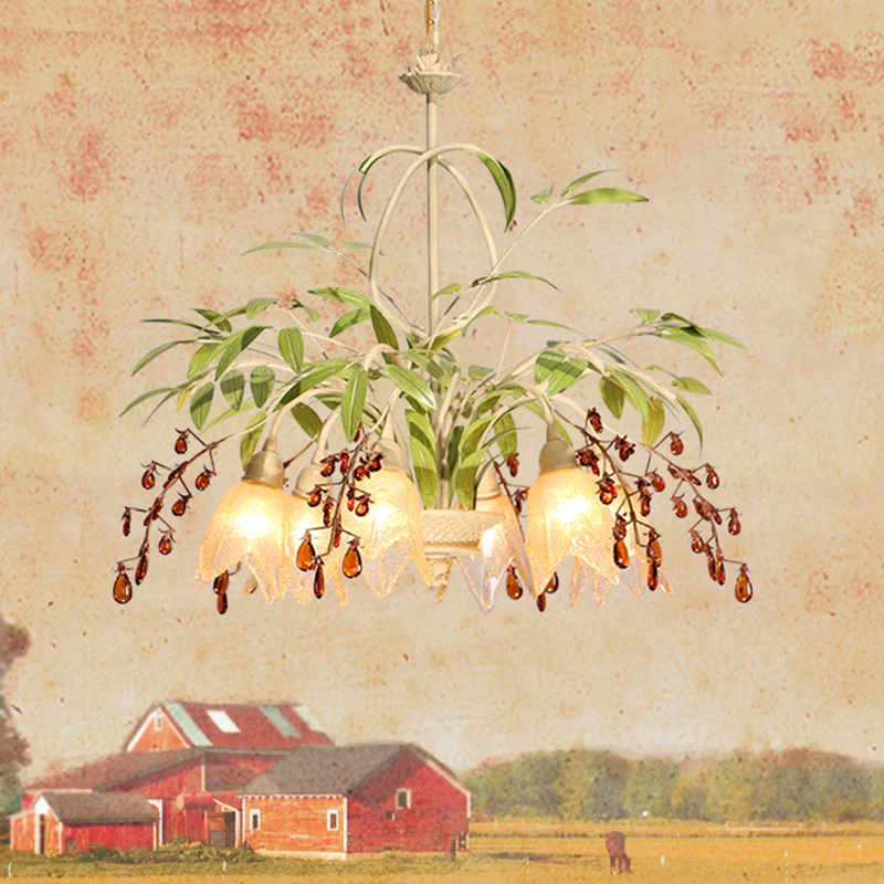 Groene bloemkroonluchterverlichting Pastorale vorstglazen woonkamerhanglamp met decoratief kristal Clearhalo