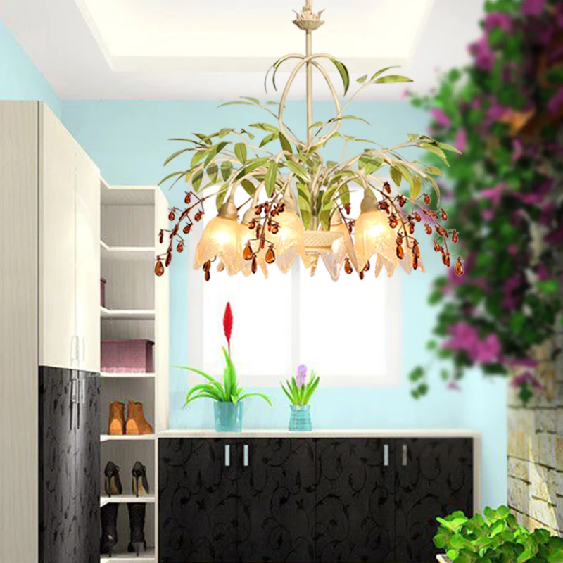 Groene bloemkroonluchterverlichting Pastorale vorstglazen woonkamerhanglamp met decoratief kristal Clearhalo