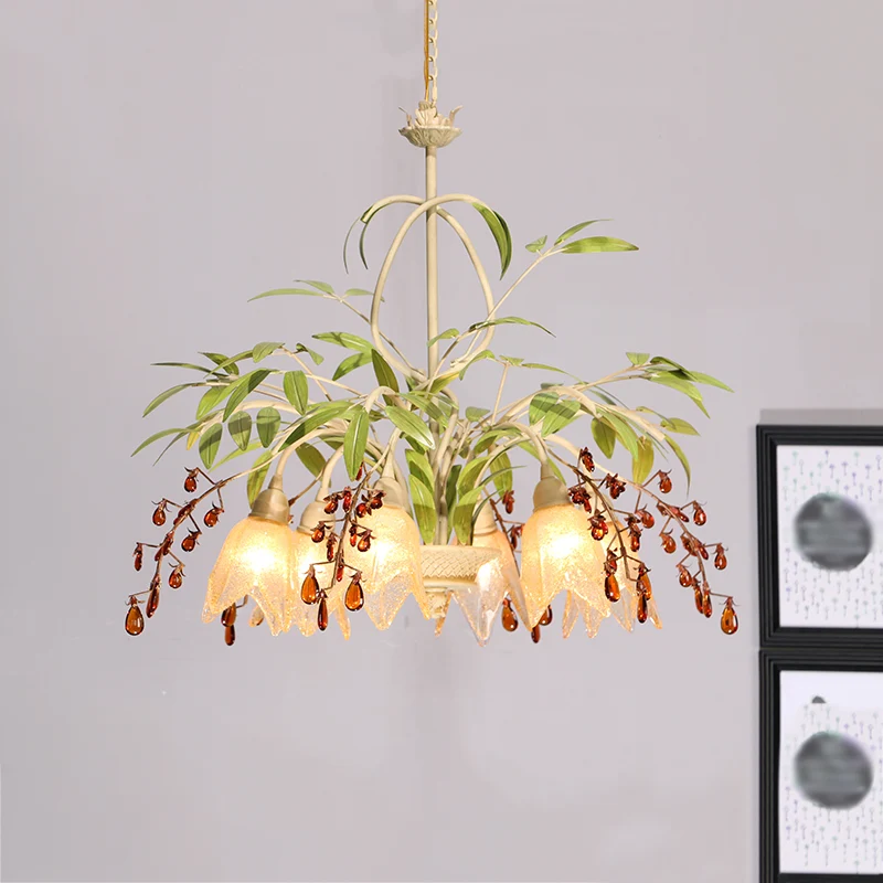 Groene bloemkroonluchterverlichting Pastorale vorstglazen woonkamerhanglamp met decoratief kristal Clearhalo