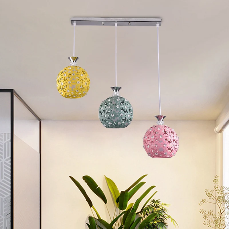 Groen-geel-roze bolclusterhanger met bloemmotief Moderne 3-koppige ijzeren hangende verlichting Clearhalo
