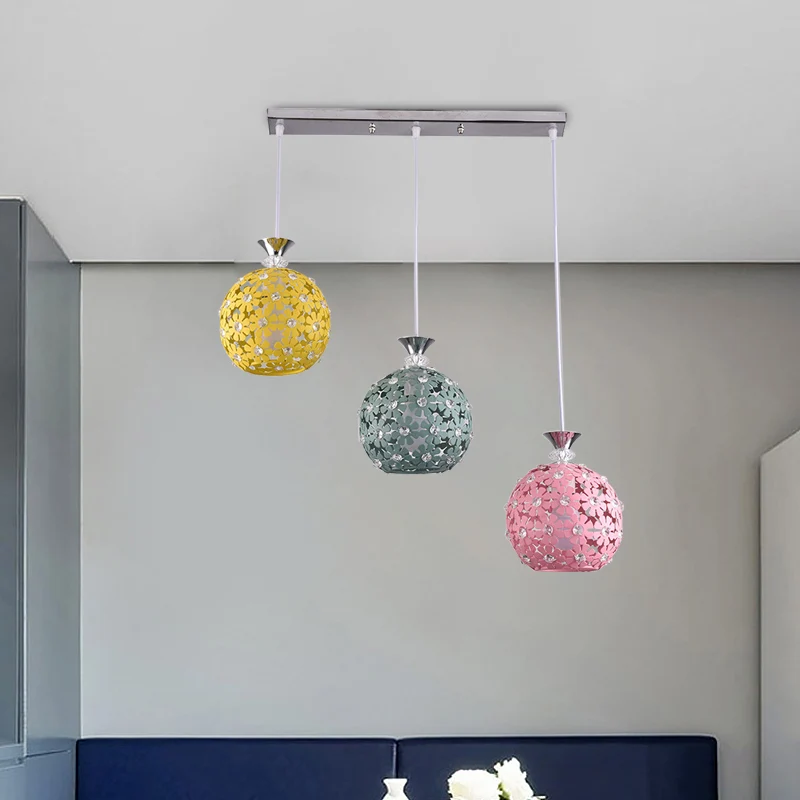 Groen-geel-roze bolclusterhanger met bloemmotief Moderne 3-koppige ijzeren hangende verlichting Clearhalo