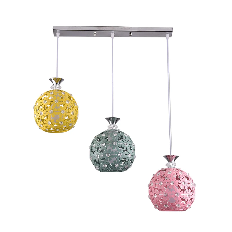 Groen-geel-roze bolclusterhanger met bloemmotief Moderne 3-koppige ijzeren hangende verlichting Clearhalo