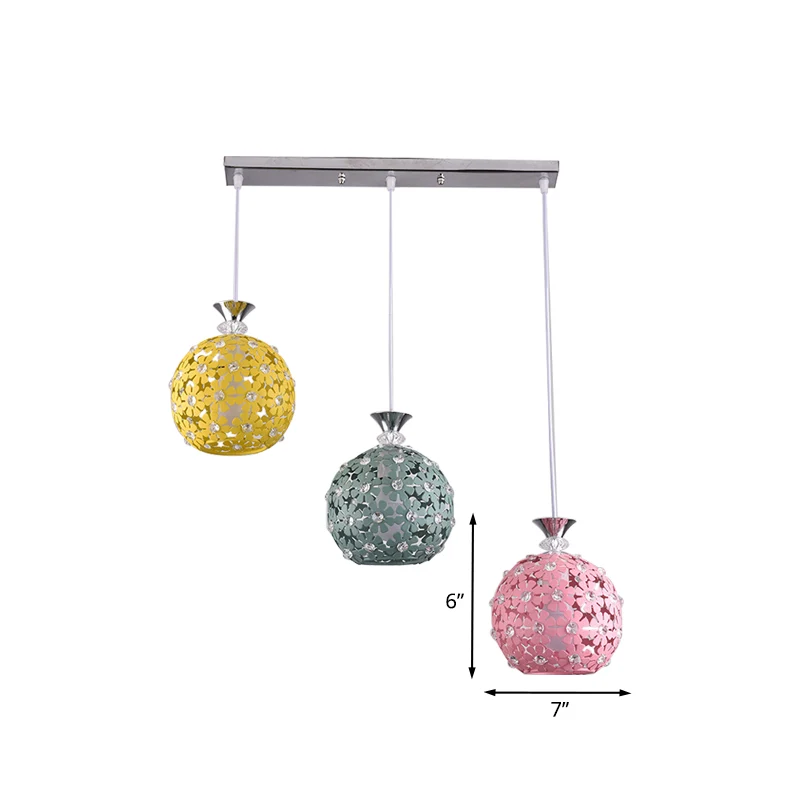Groen-geel-roze bolclusterhanger met bloemmotief Moderne 3-koppige ijzeren hangende verlichting Clearhalo