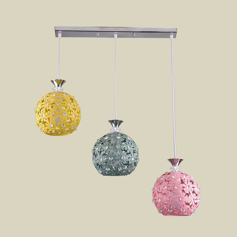 Groen-geel-roze bolclusterhanger met bloemmotief Moderne 3-koppige ijzeren hangende verlichting Clearhalo