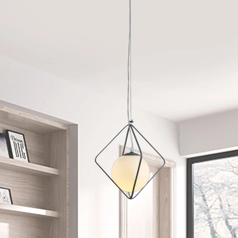 Groen/grijze ruitkooi hanglamp minimalistisch 1-kops ijzeren hanglampset met balmelkglazen kap aan de binnenkant Clearhalo