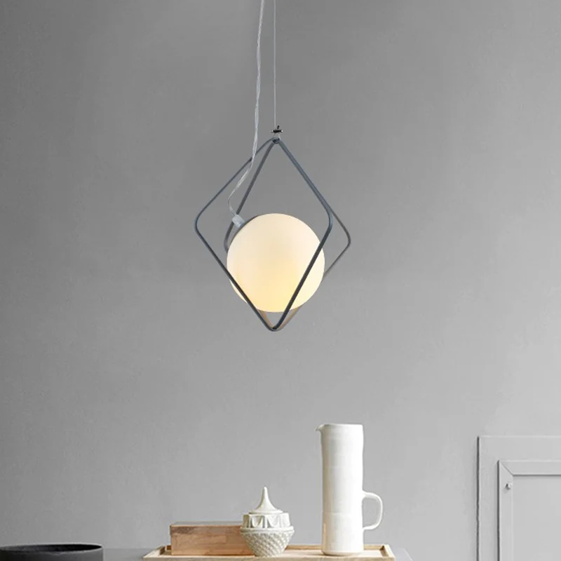 Groen/grijze ruitkooi hanglamp minimalistisch 1-kops ijzeren hanglampset met balmelkglazen kap aan de binnenkant Clearhalo