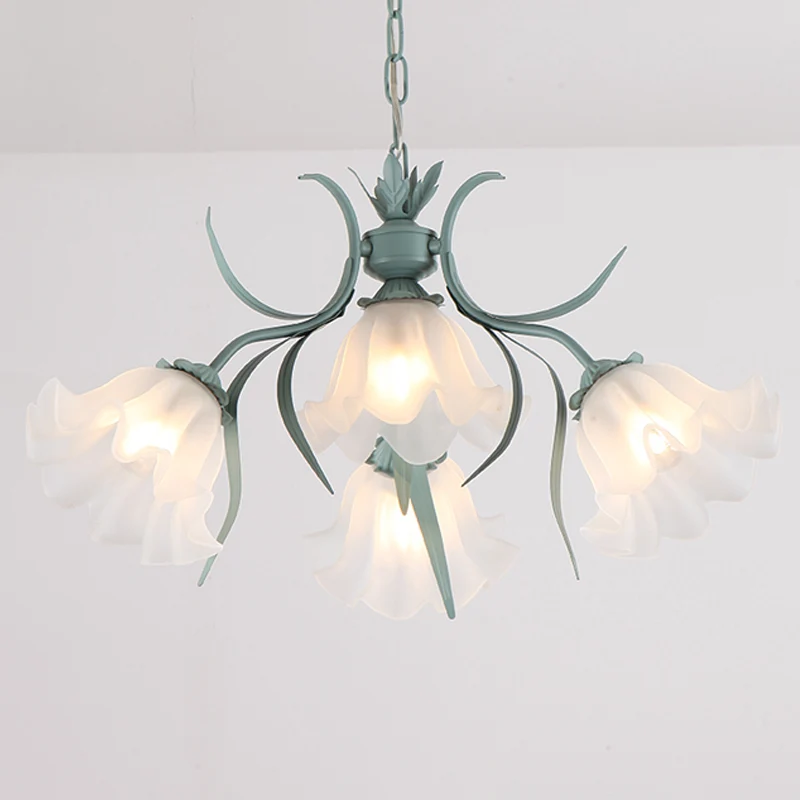 Groen/Roze 4/6/9-Head Kroonluchter Lamp Koreaanse Bloem Matglas Ruche Opknoping Hanglamp voor Eetkamer Clearhalo