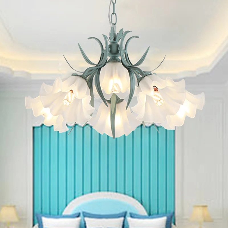 Groen/Roze 4/6/9-Head Kroonluchter Lamp Koreaanse Bloem Matglas Ruche Opknoping Hanglamp voor Eetkamer Clearhalo