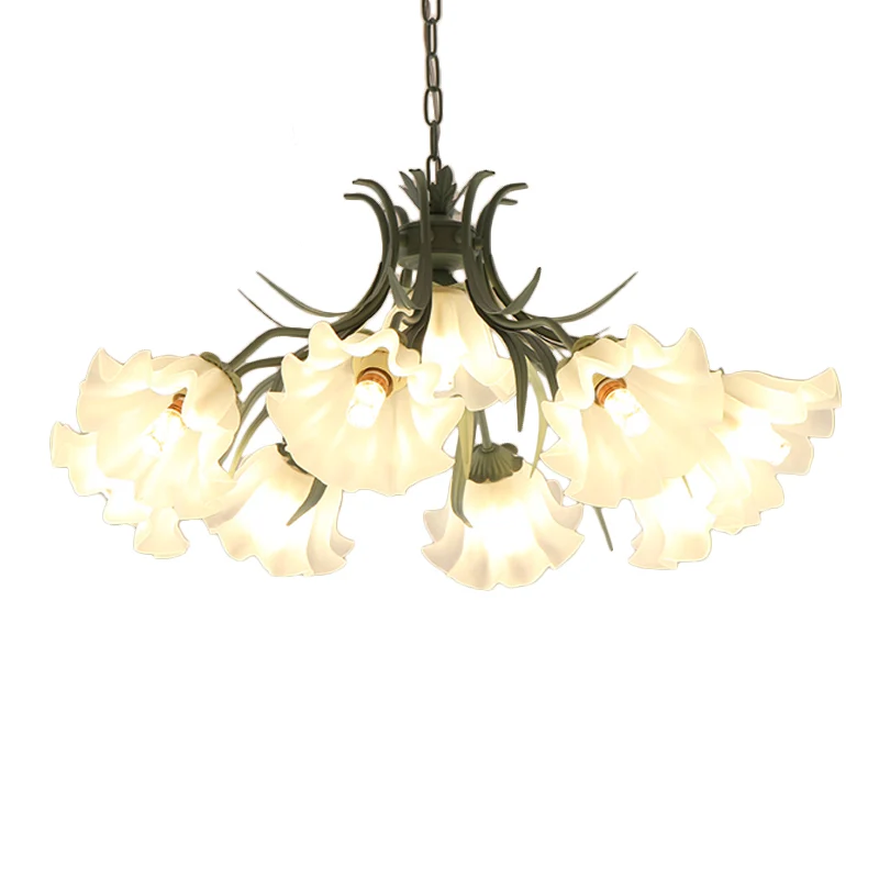 Groen/Roze 4/6/9-Head Kroonluchter Lamp Koreaanse Bloem Matglas Ruche Opknoping Hanglamp voor Eetkamer Clearhalo