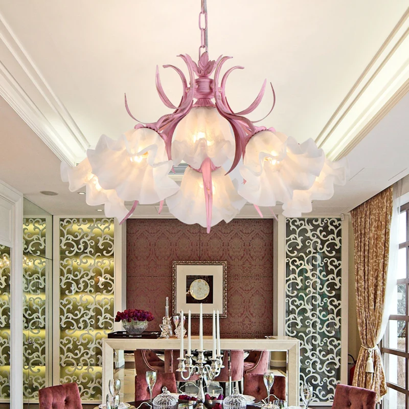 Groen/Roze 4/6/9-Head Kroonluchter Lamp Koreaanse Bloem Matglas Ruche Opknoping Hanglamp voor Eetkamer Clearhalo