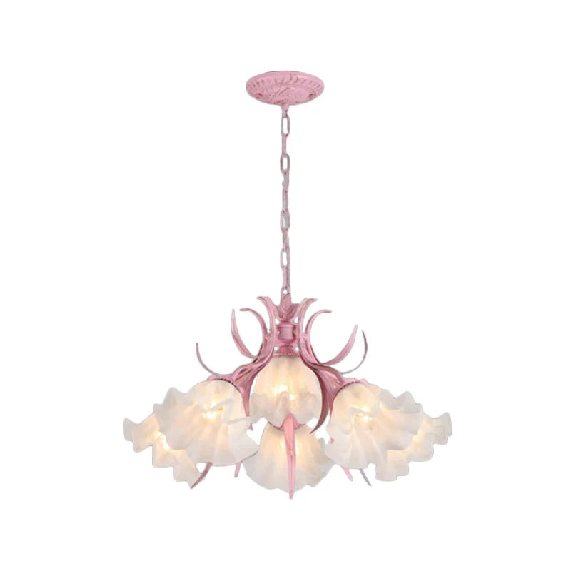 Groen/Roze 4/6/9-Head Kroonluchter Lamp Koreaanse Bloem Matglas Ruche Opknoping Hanglamp voor Eetkamer Clearhalo