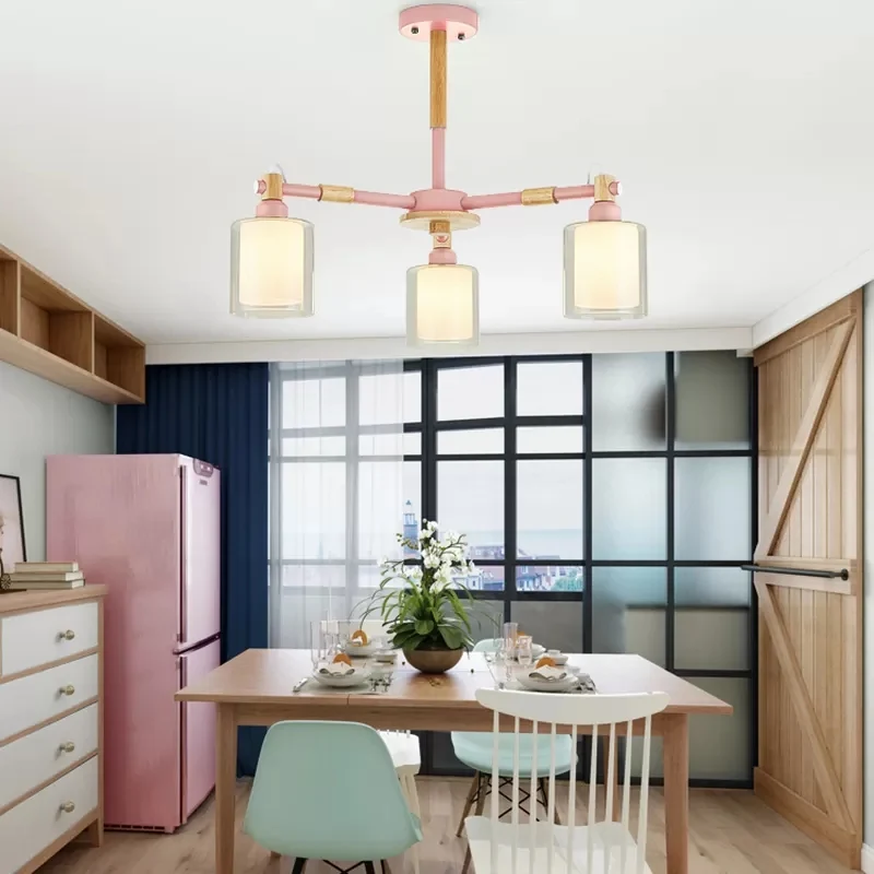 Hal Kinderslaapkamer Cilinderkroonluchter Hout en glas 3 koppen Hanglamp Scandinavische stijl Clearhalo