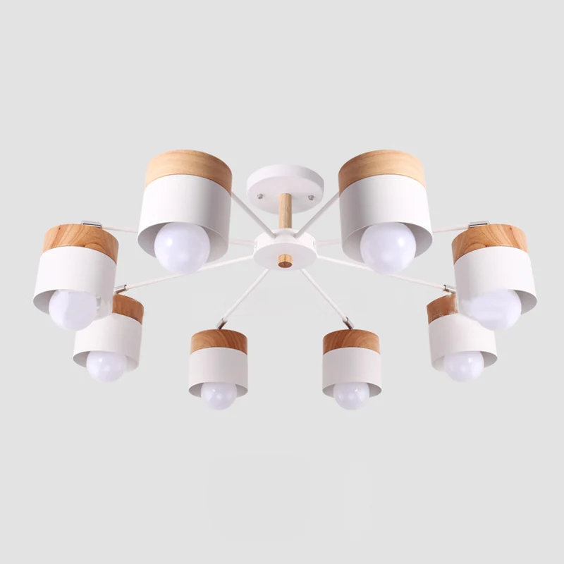 Halfverzonken kroonluchter met 8 lichtcilinders, moderne, stijlvolle plafondlamp van wit metaal en hout Clearhalo