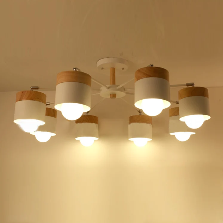 Halfverzonken kroonluchter met 8 lichtcilinders, moderne, stijlvolle plafondlamp van wit metaal en hout Clearhalo