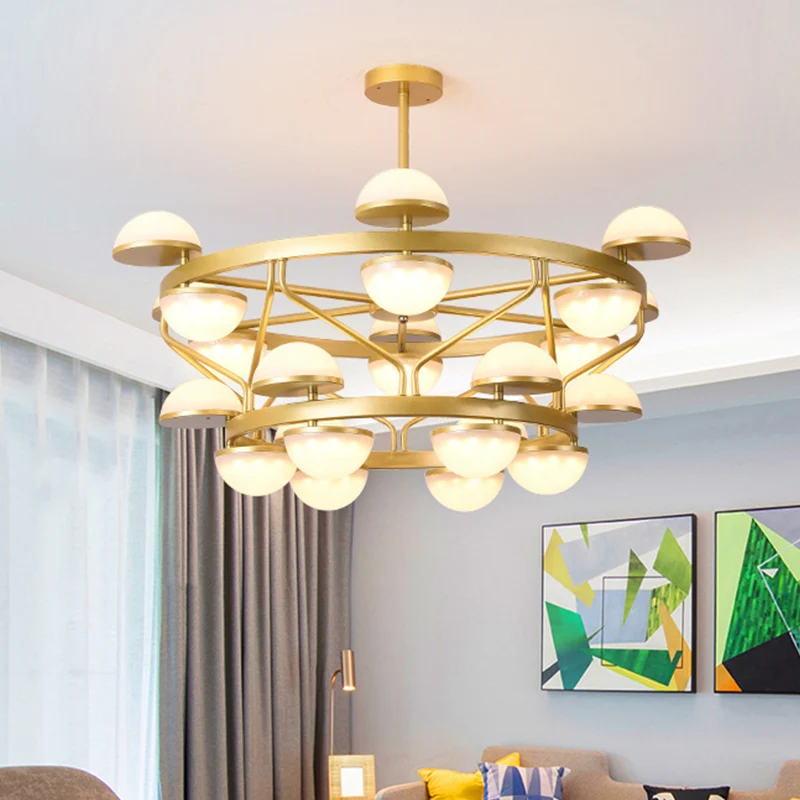 Halve cirkel hangende kroonluchter de woonkamer, crèmekleurig glas, modernistische plafondhanglamp met 24 lampen goud Clea...