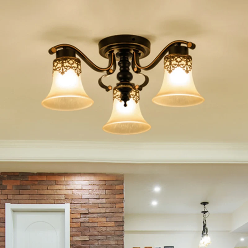 Handgeblazen glas zwarte semi-flush uitlopende schaduw traditionele plafondmontage kroonluchter Clearhalo