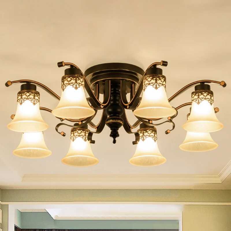 Handgeblazen glas zwarte semi-flush uitlopende schaduw traditionele plafondmontage kroonluchter Clearhalo