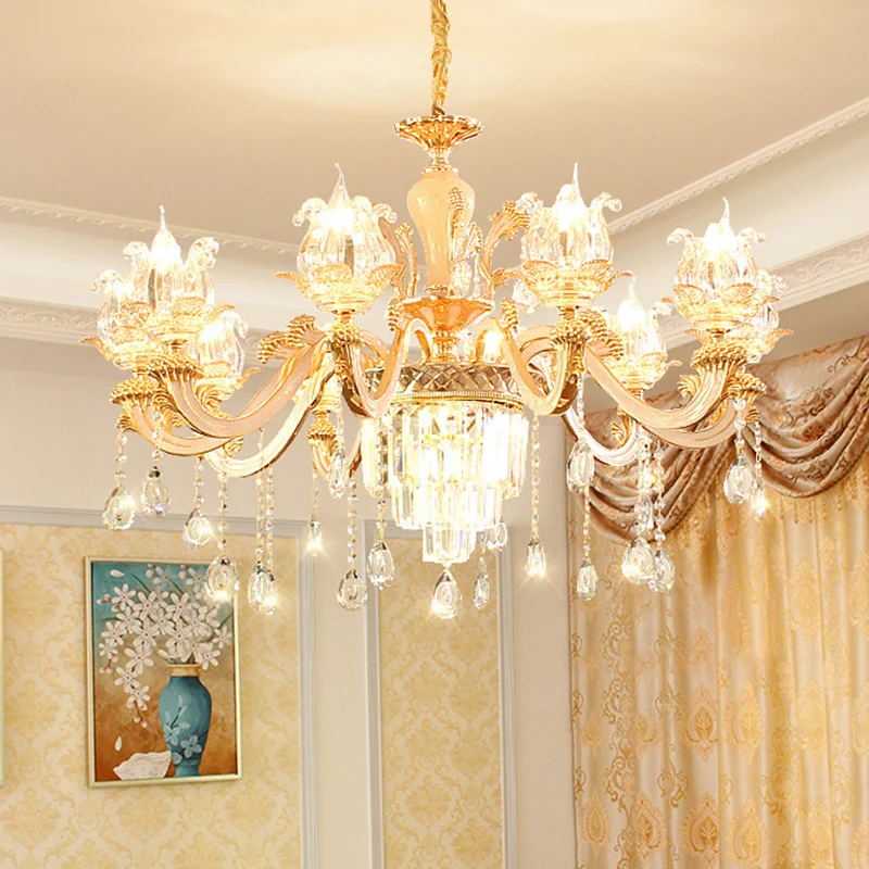 Handgeblazen glazen bloem hanglamp retro-stijl woonkamer kroonluchter licht met gelaagd kristallen decor goud Clearhalo
