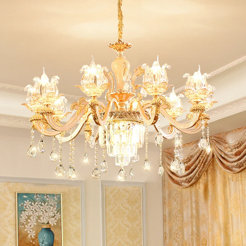 Handgeblazen glazen bloem hanglamp retro-stijl woonkamer kroonluchter licht met gelaagd kristallen decor goud Clearhalo