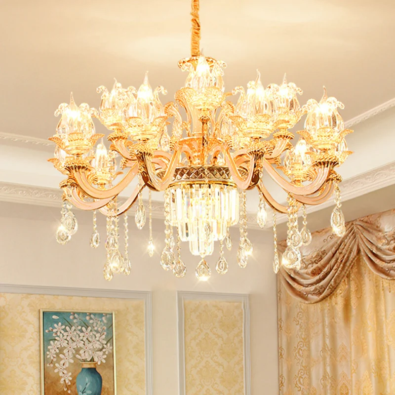 Handgeblazen glazen bloem hanglamp retro-stijl woonkamer kroonluchter licht met gelaagd kristallen decor goud Clearhalo