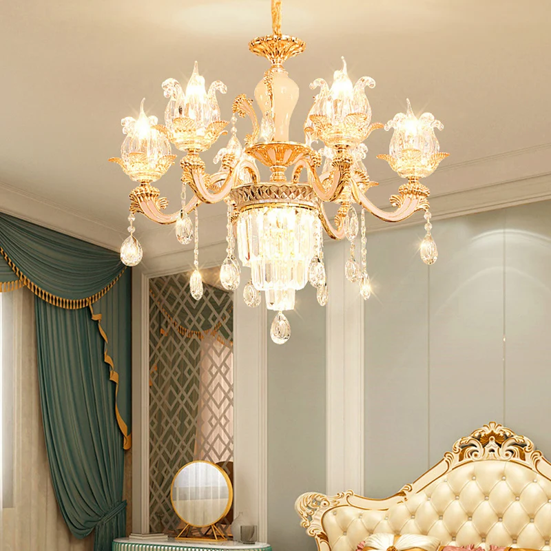 Handgeblazen glazen bloem hanglamp retro-stijl woonkamer kroonluchter licht met gelaagd kristallen decor goud Clearhalo