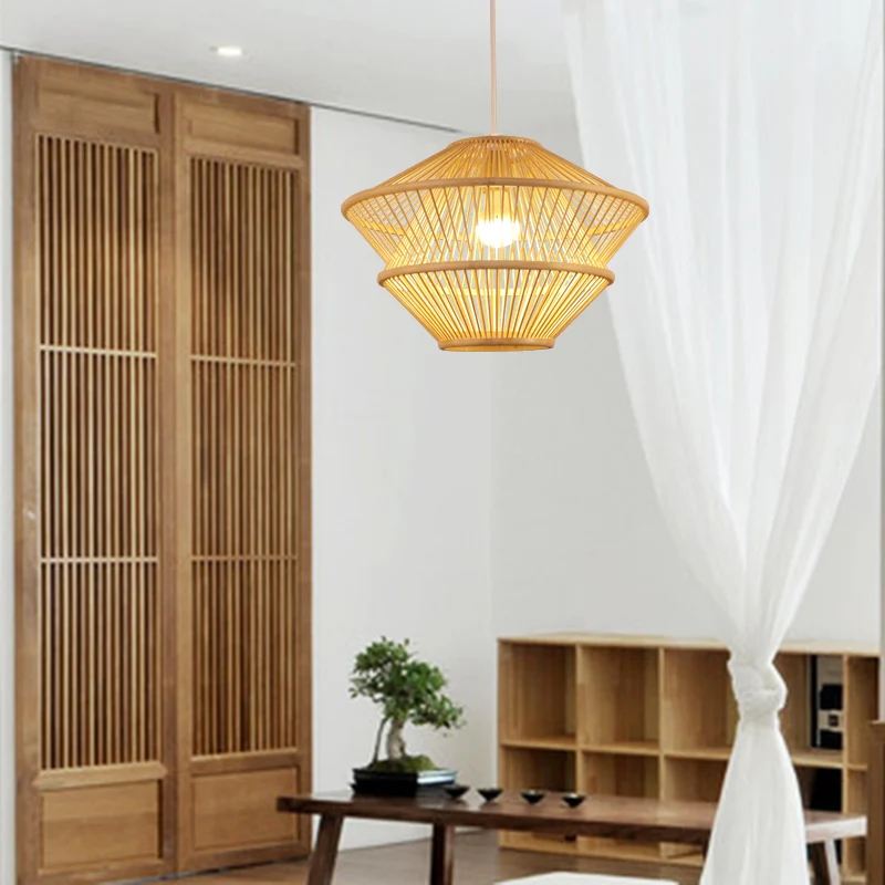 Handgebreide hanglamp Aziatische stijl Bamboe 1-lichts beige hanglamp boven eettafel Clearhalo