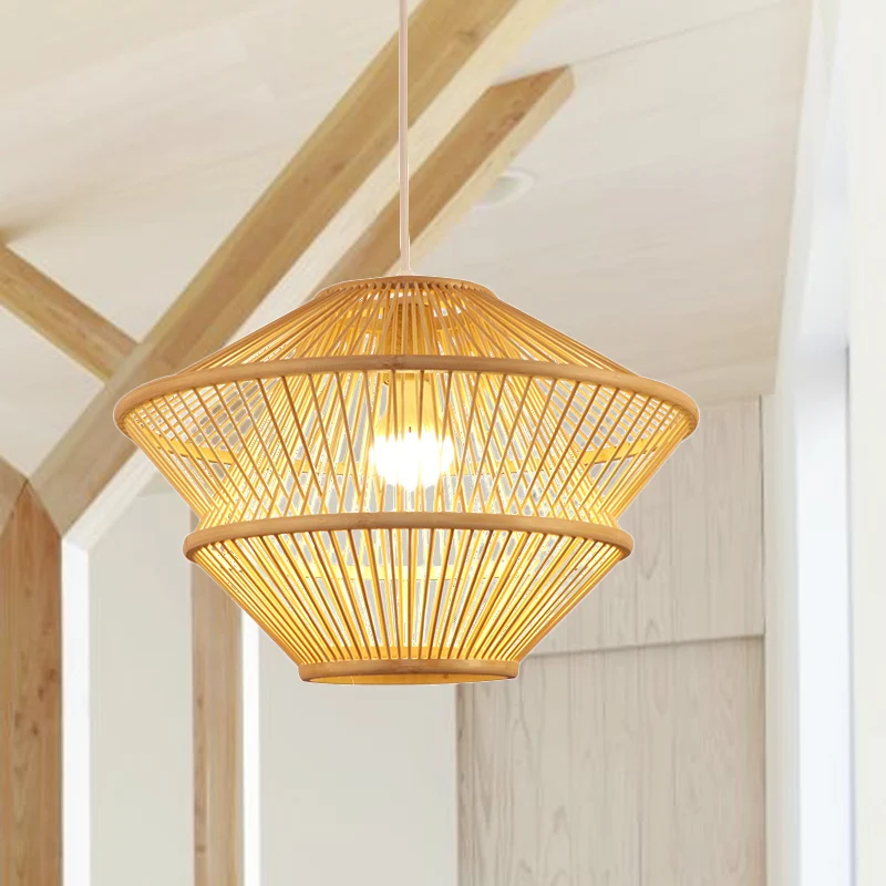 Handgebreide hanglamp Aziatische stijl Bamboe 1-lichts beige hanglamp boven eettafel Clearhalo
